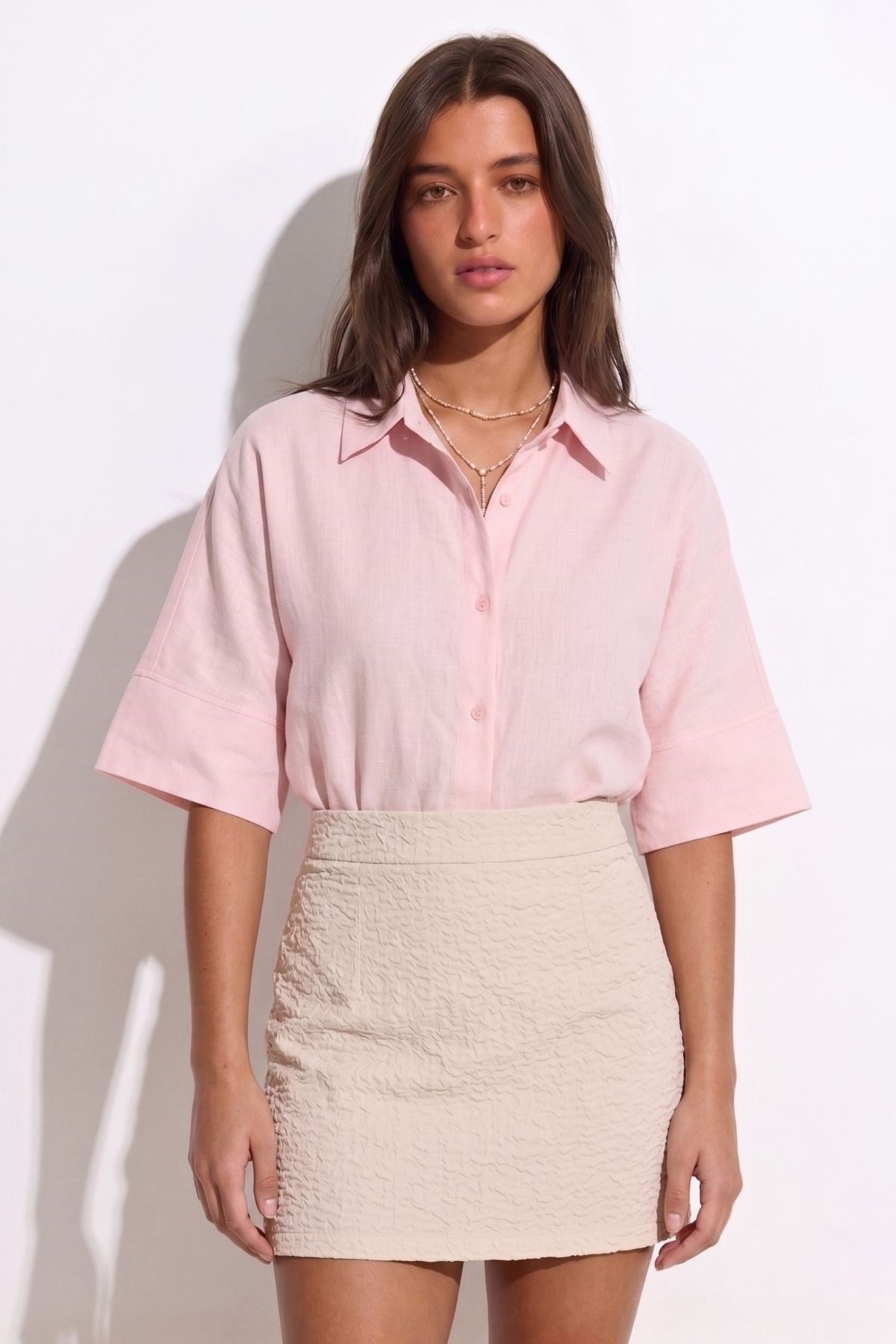 Yarım Kol Oversize Gömlek PEMBE