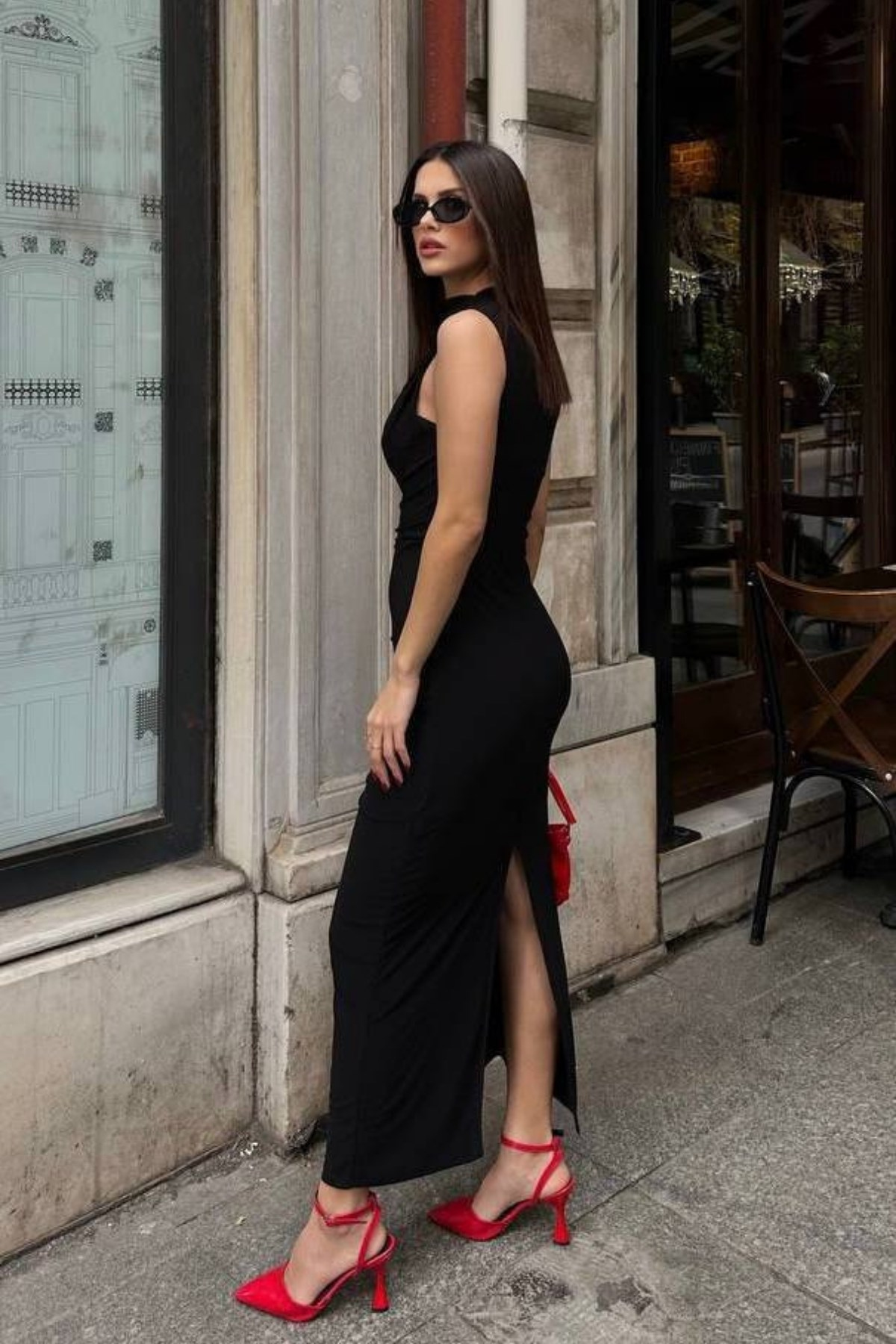 Yırtmaçlı Sandy Elbise SIYAH