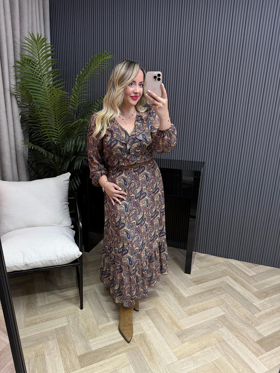 Ahel Etnik Desenli Kemerli Tasarım Şifon Elbise