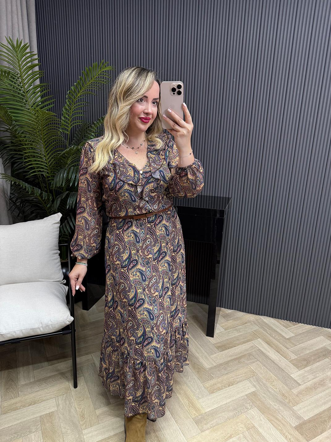 Ahel Etnik Desenli Kemerli Tasarım Şifon Elbise