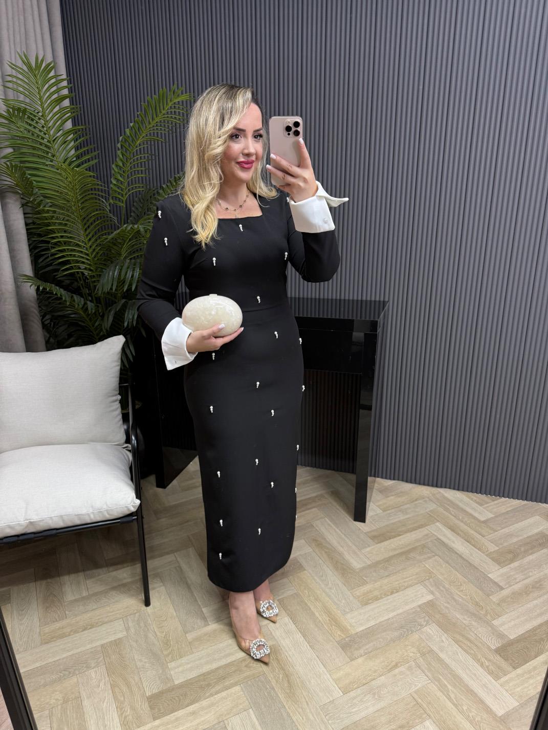 Amanda İnci Detaylı Tasarım Kalem Elbise Siyah
