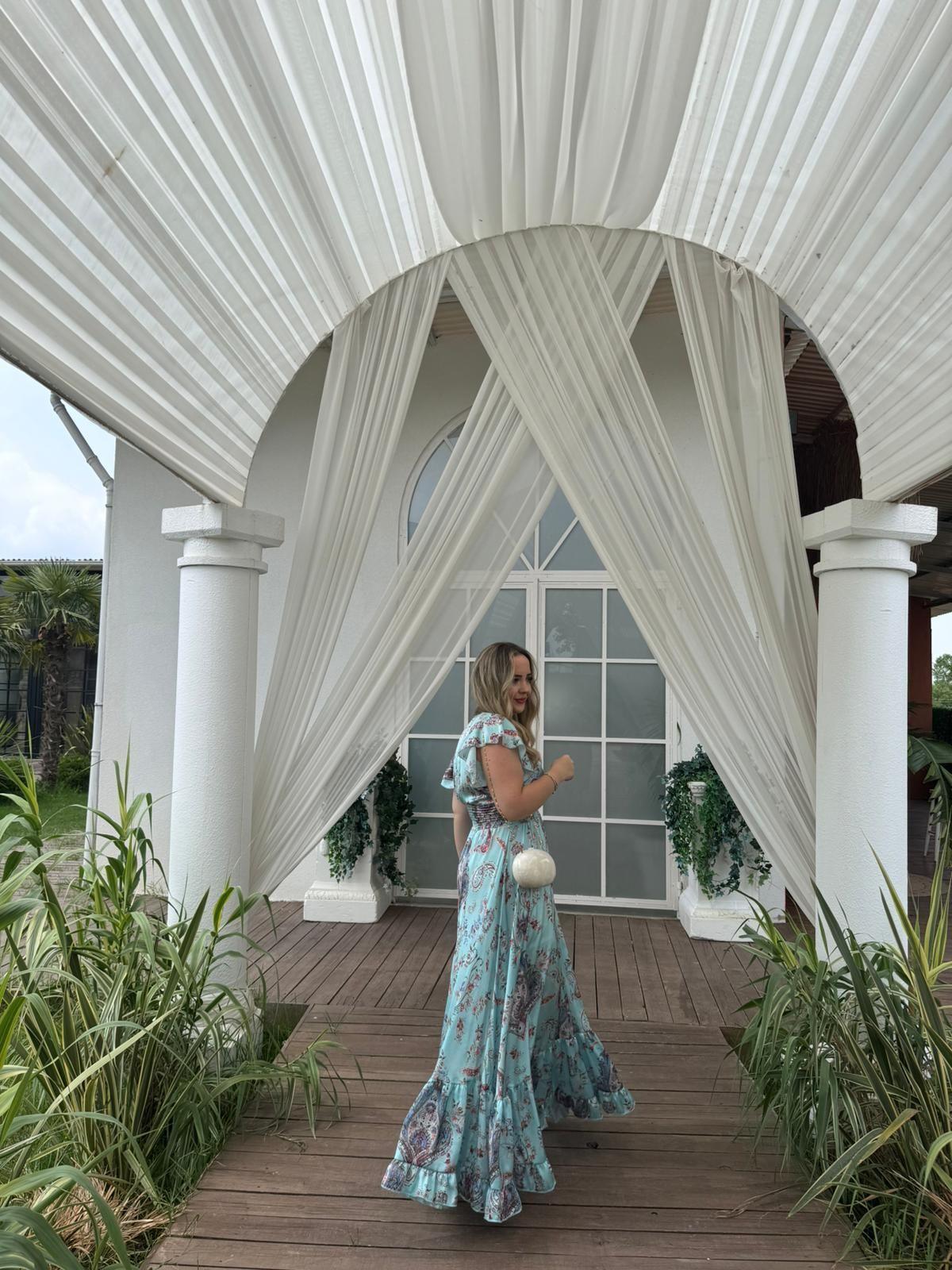 ANGEL İPEK SATEN İTHAL BELİ LASTIKLI TASARIM ELBİSE SU YEŞİLİ