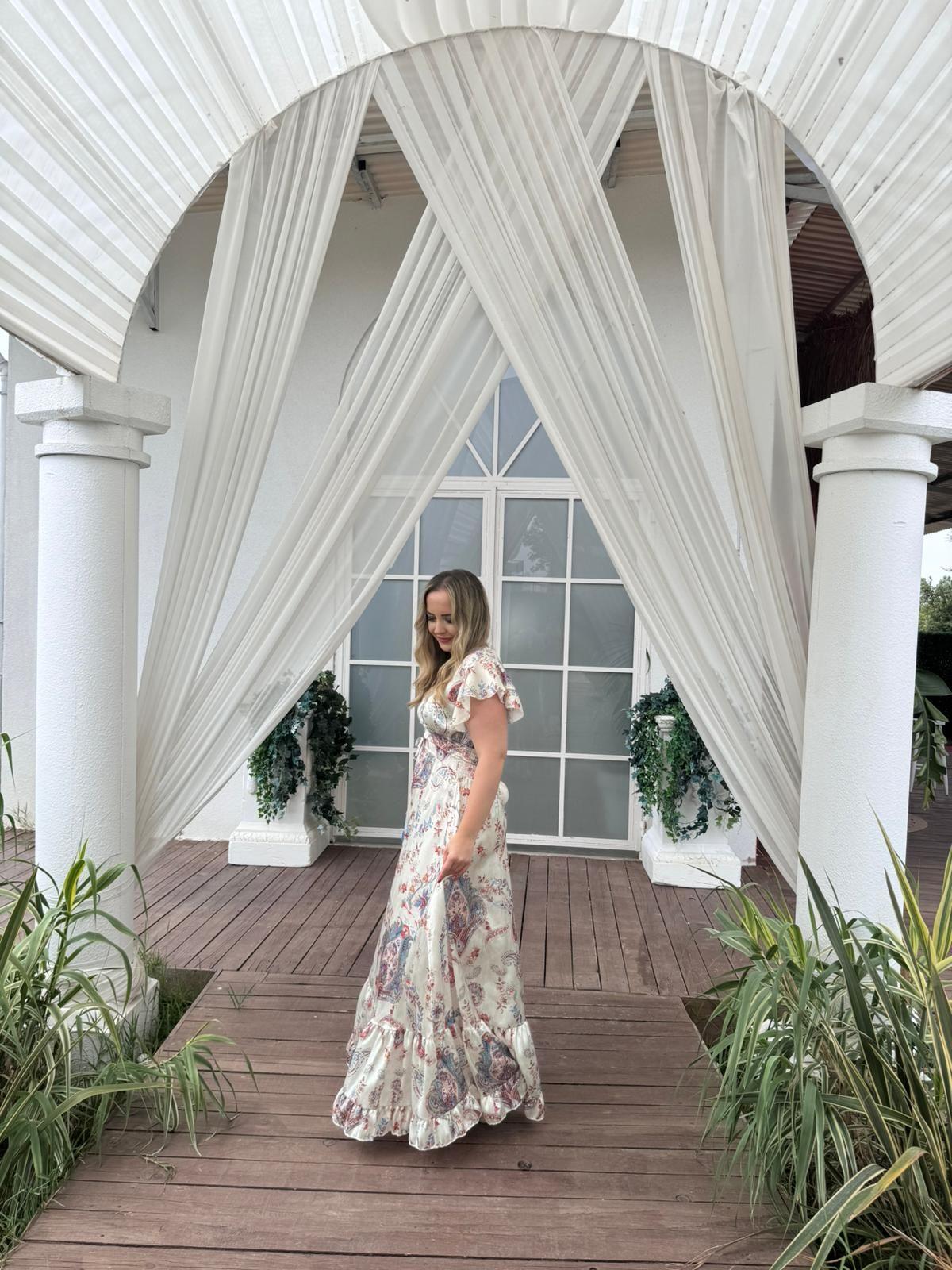 ANGEL İPEK SATEN İTHAL BELİ LASTIKLI TASARIM ELBİSE EKRU