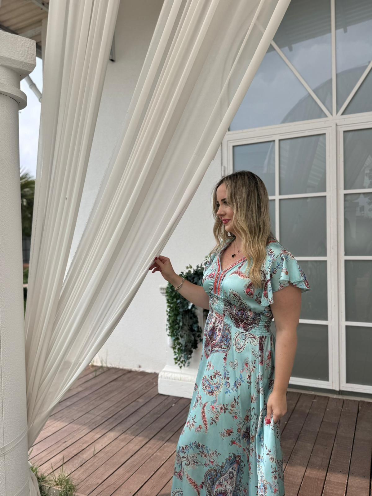 ANGEL İPEK SATEN İTHAL BELİ LASTIKLI TASARIM ELBİSE SU YEŞİLİ