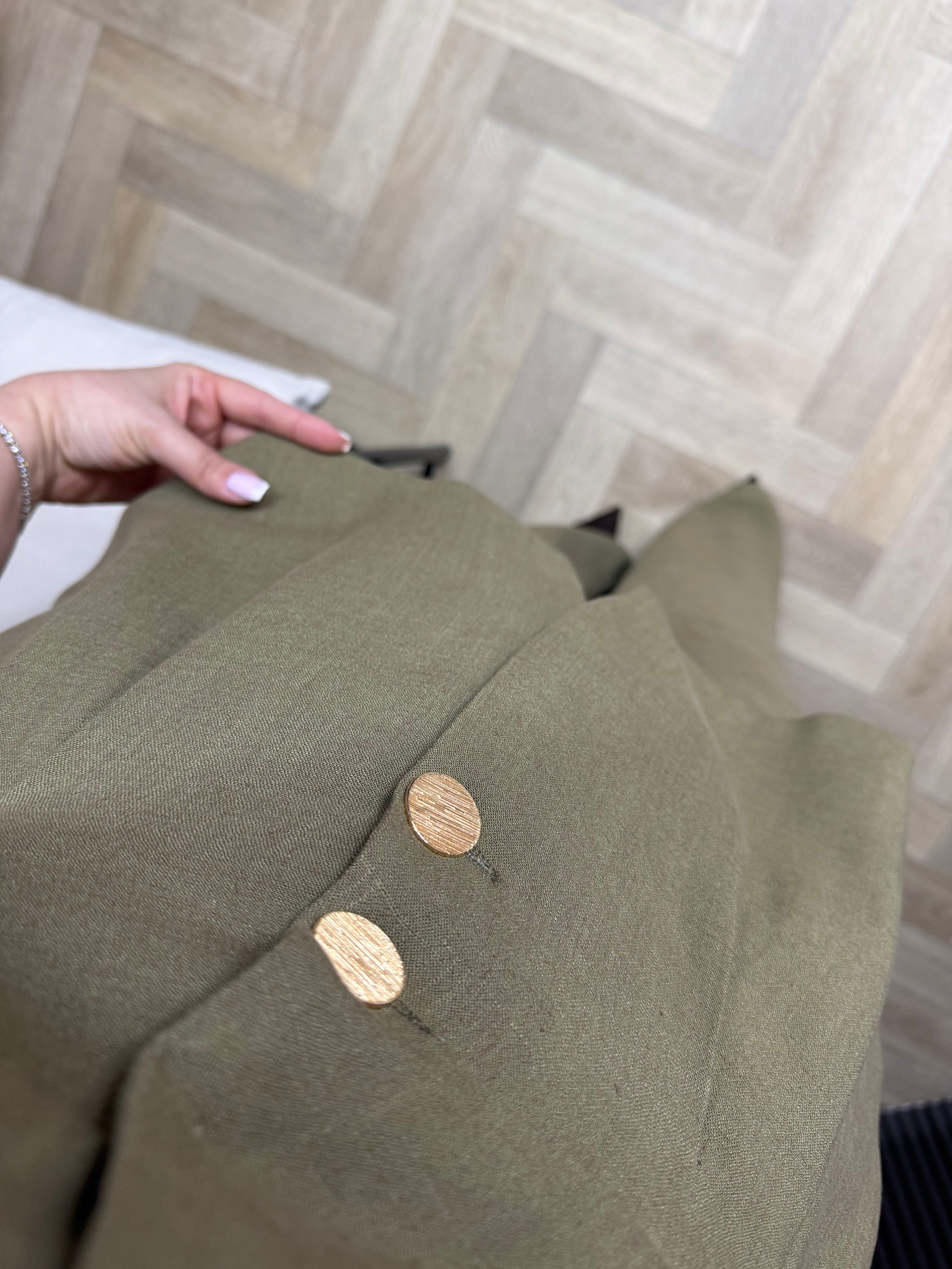 Arya Belden Oturan Ceketlı Tasarım Keten Takım Haki 