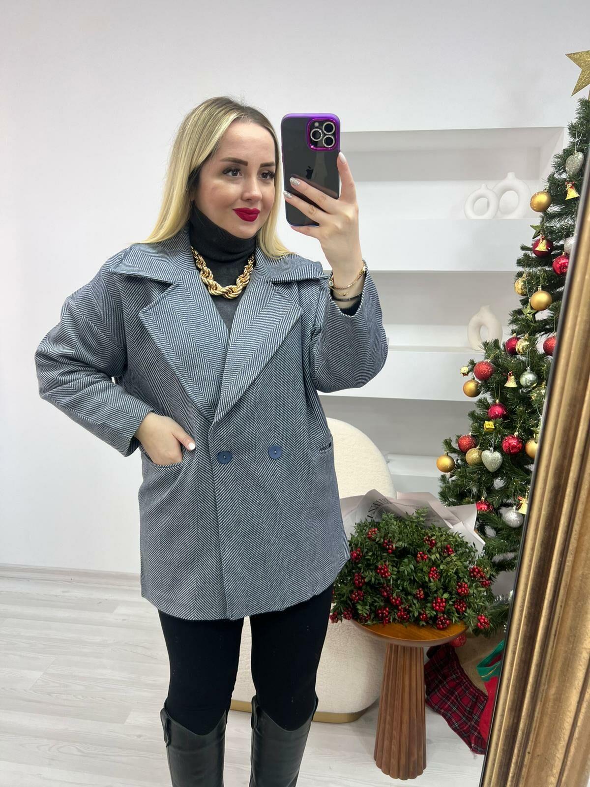 BALIKSIRTI DESEN LACİ-GRİ OVERSİZE KABAN