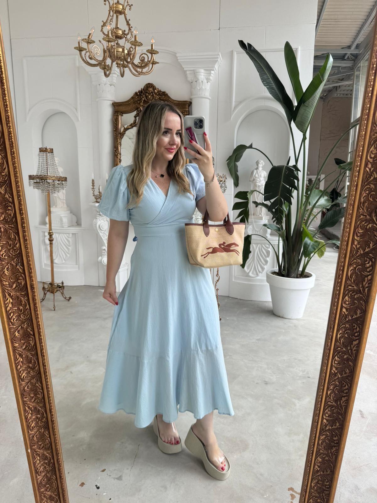 BALON KOL BEBEK MAVİ KETEN ELBİSE