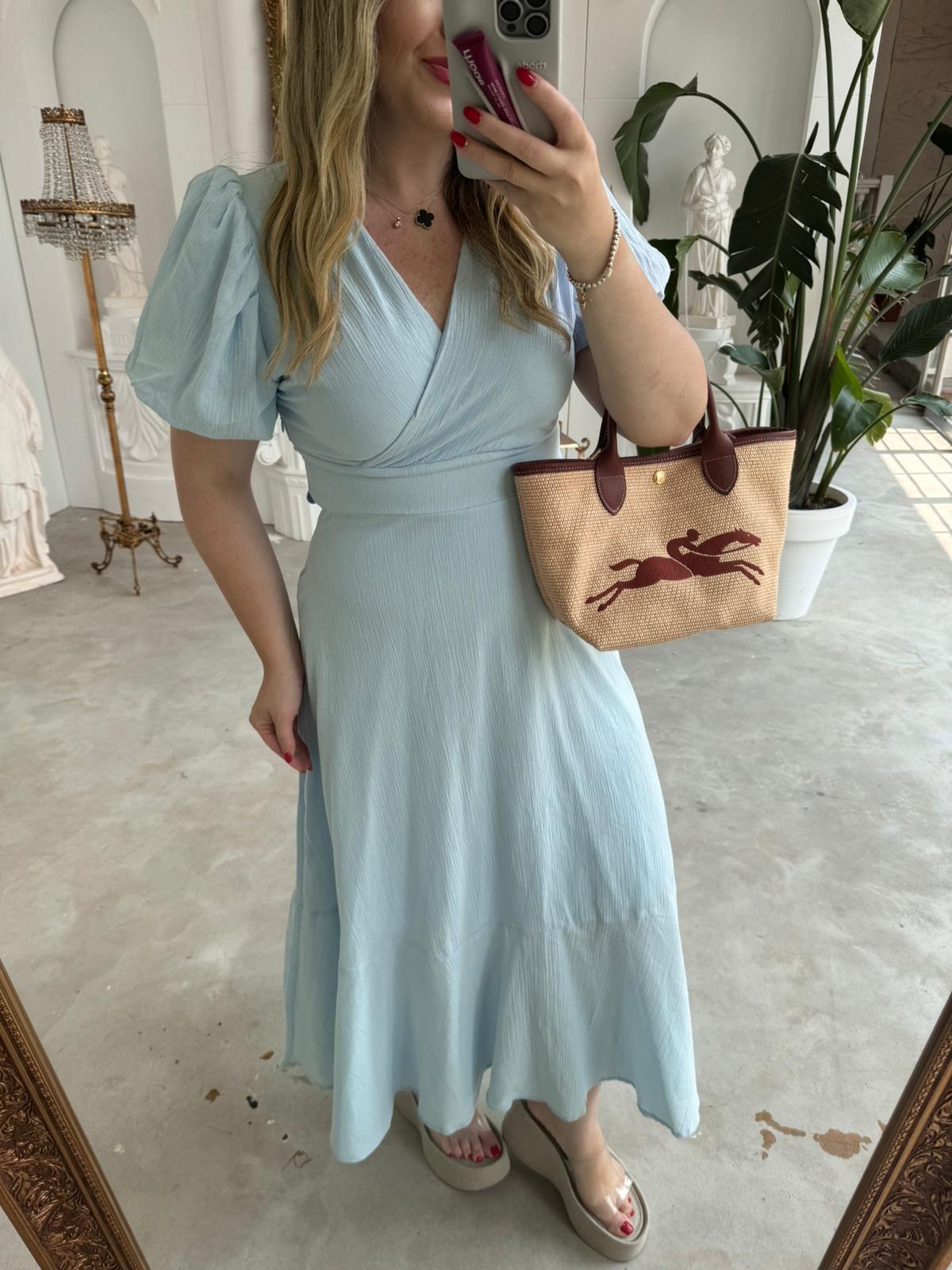 BALON KOL BEBEK MAVİ KETEN ELBİSE