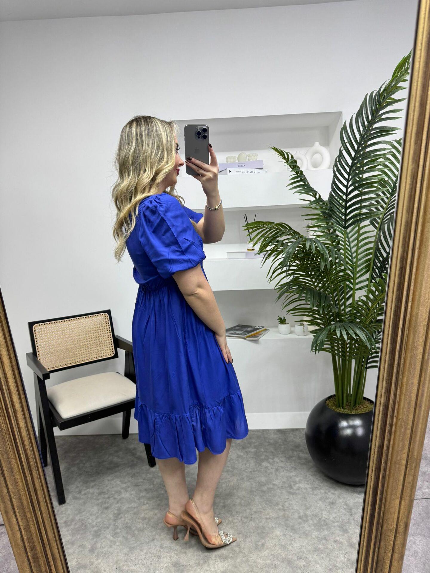 BALON KOL GİPELİ PAMUK POPLİN ELBİSE MAVİ