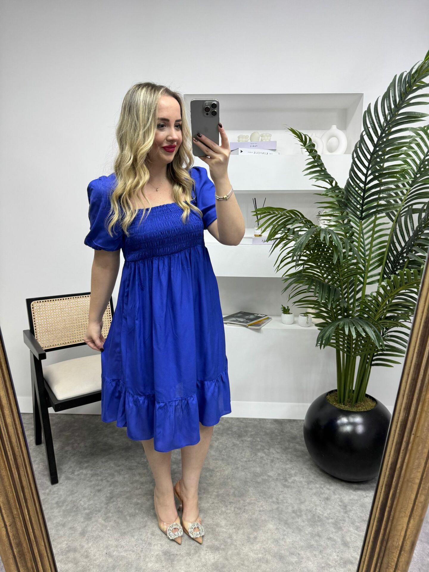 BALON KOL GİPELİ PAMUK POPLİN ELBİSE MAVİ