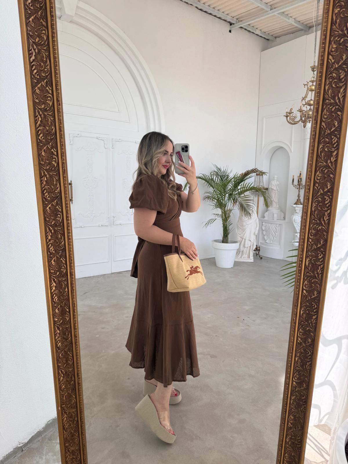 BALON KOL KAHVERENGİ KETEN ELBİSE