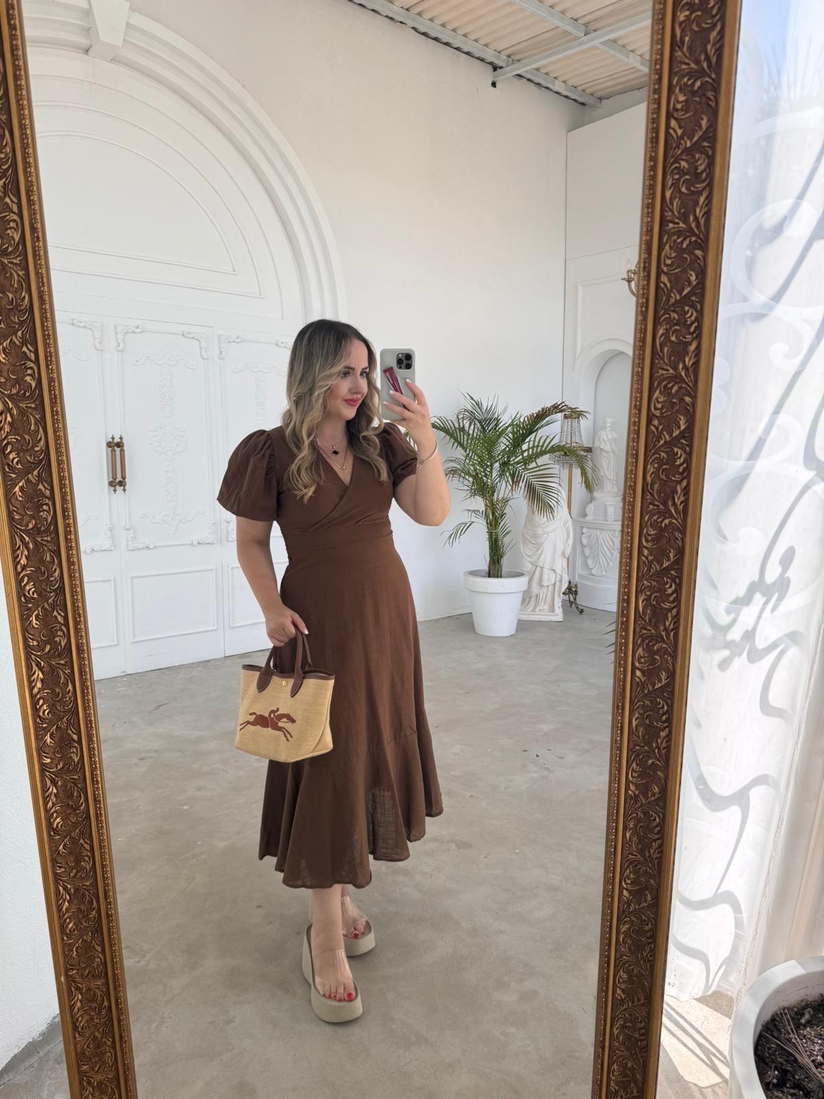 BALON KOL KAHVERENGİ KETEN ELBİSE