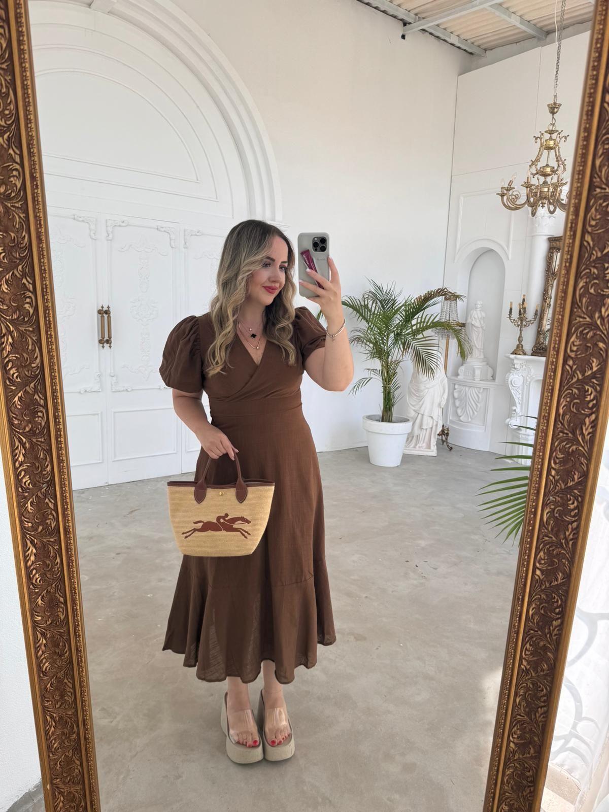 BALON KOL KAHVERENGİ KETEN ELBİSE