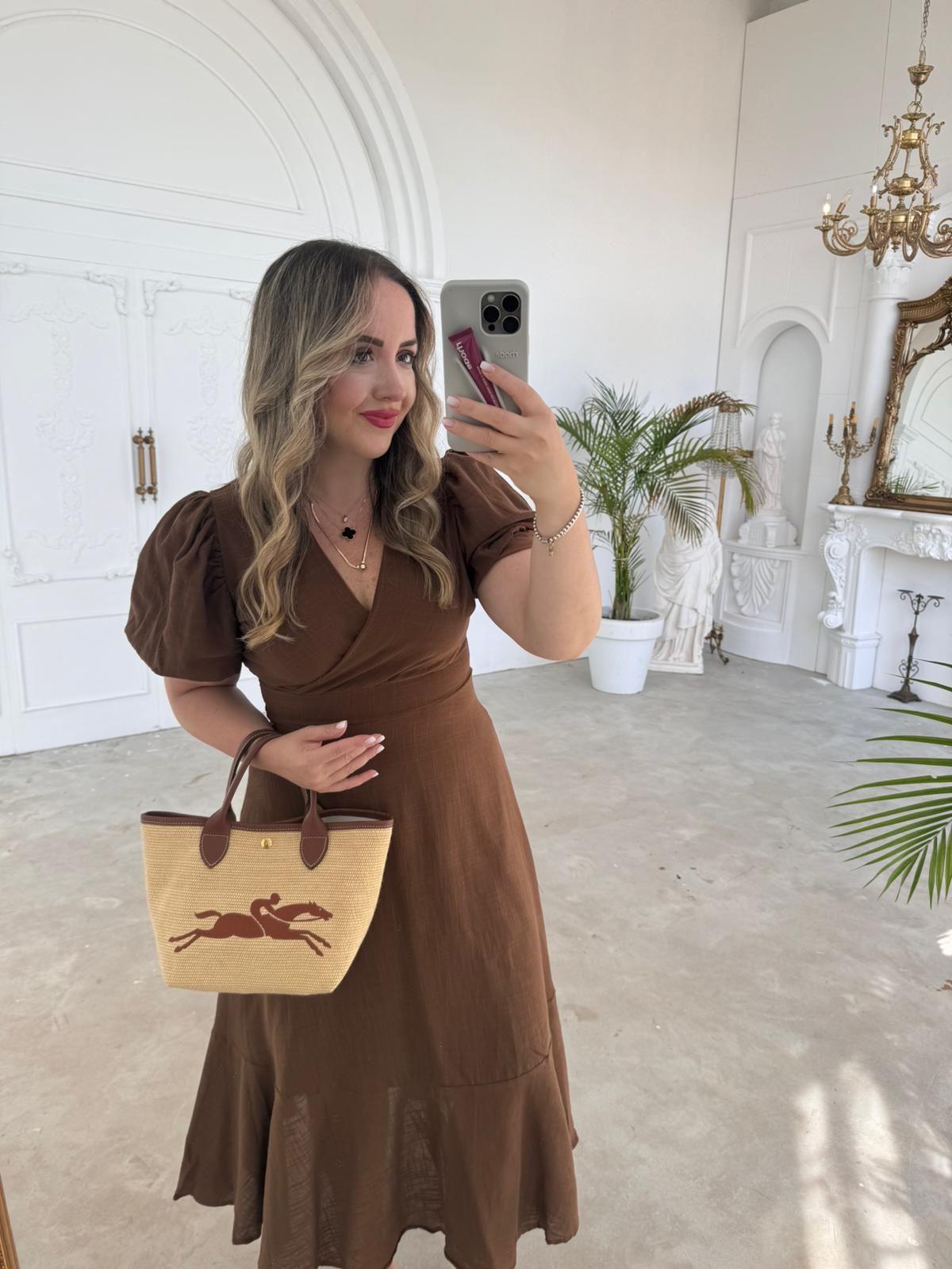 BALON KOL KAHVERENGİ KETEN ELBİSE