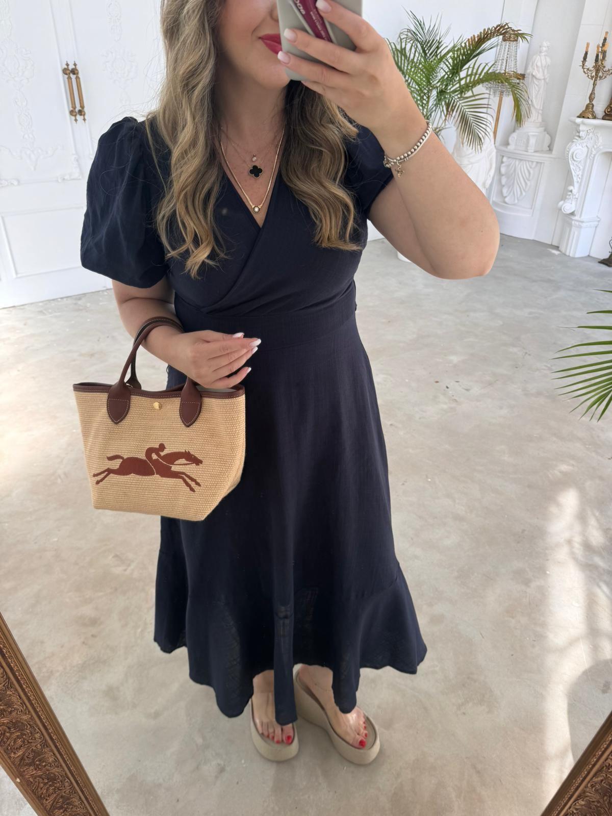 BALON KOL LACİVERT KETEN ELBİSE