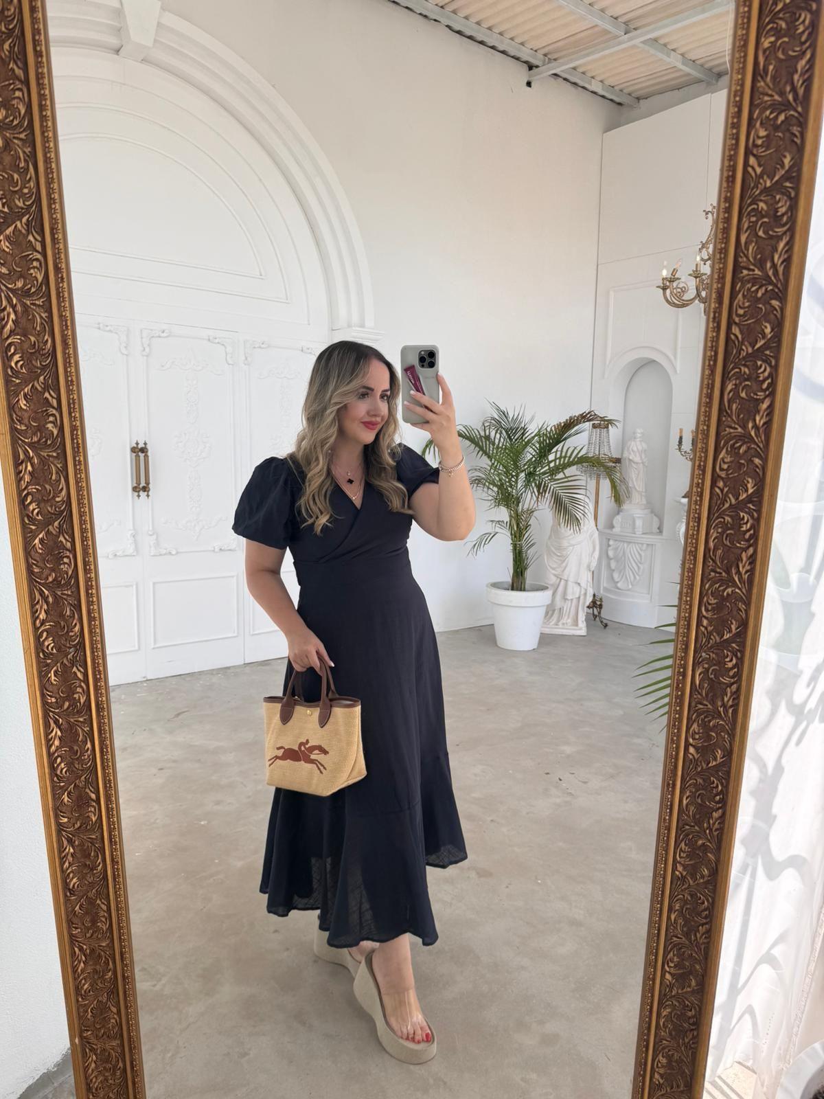 BALON KOL LACİVERT KETEN ELBİSE