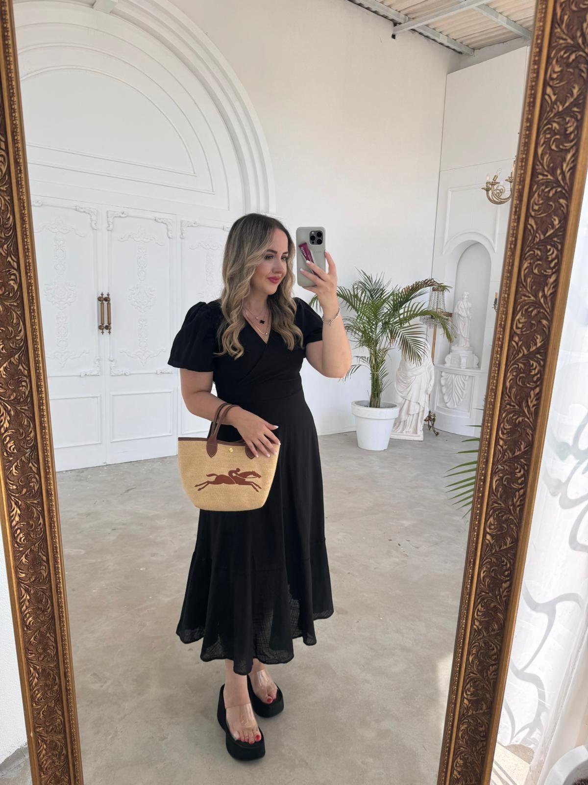 BALON KOL SİYAH KETEN ELBİSE