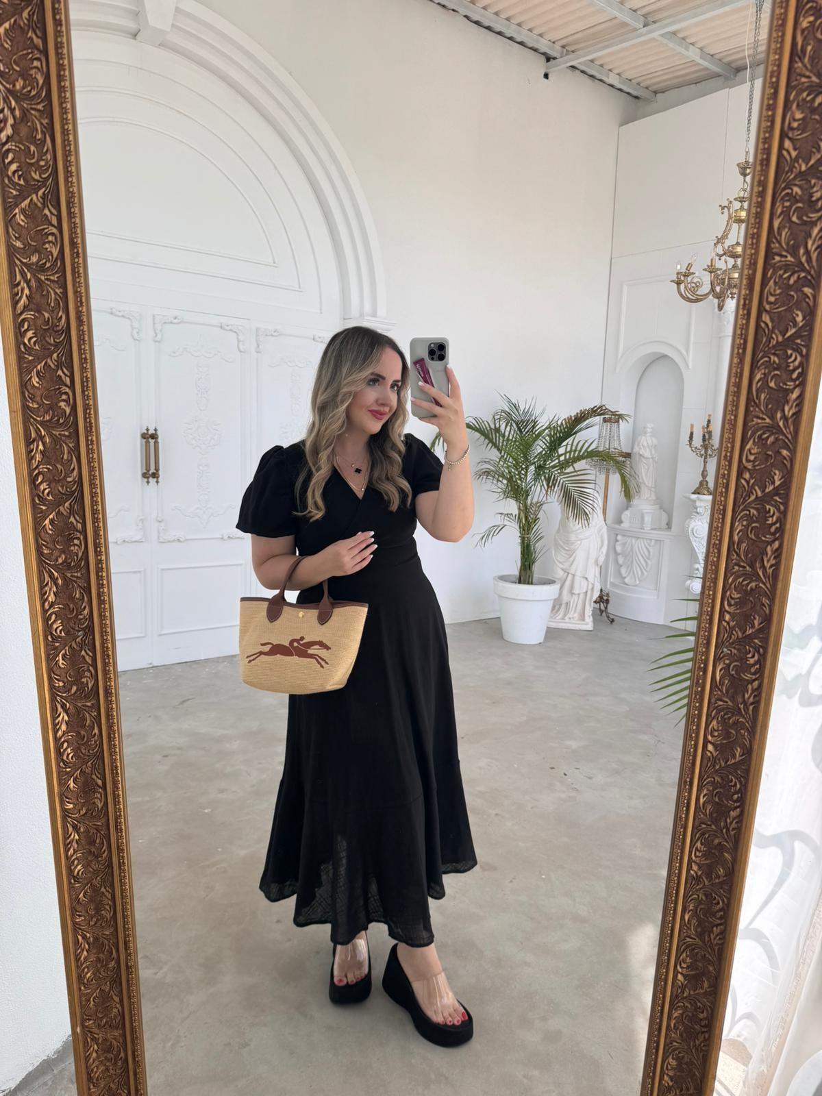 BALON KOL SİYAH KETEN ELBİSE