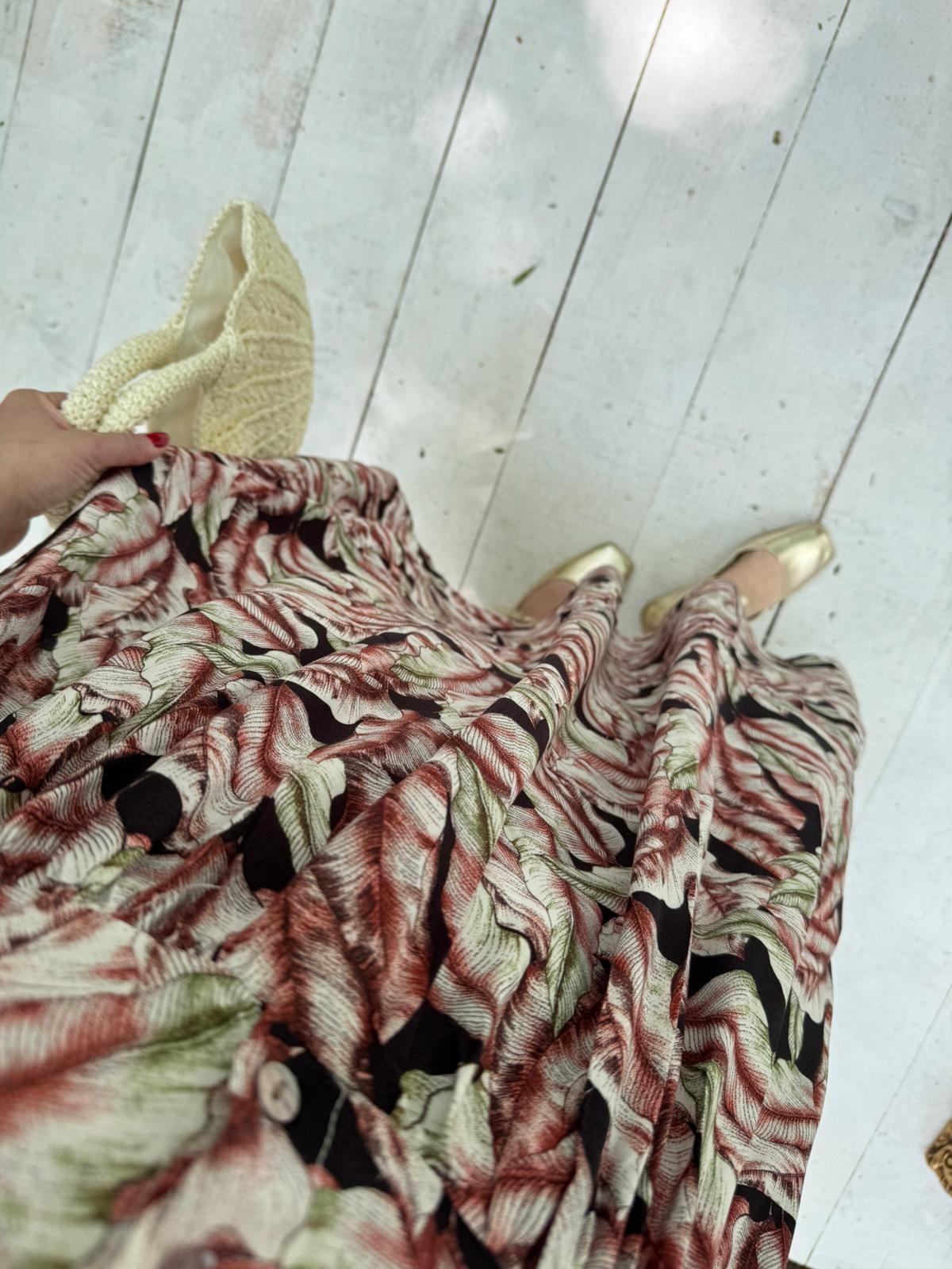 BALON KOL YAPRAK DESENLİ KISA KOLLU ELBİSE KAHVERENGİ