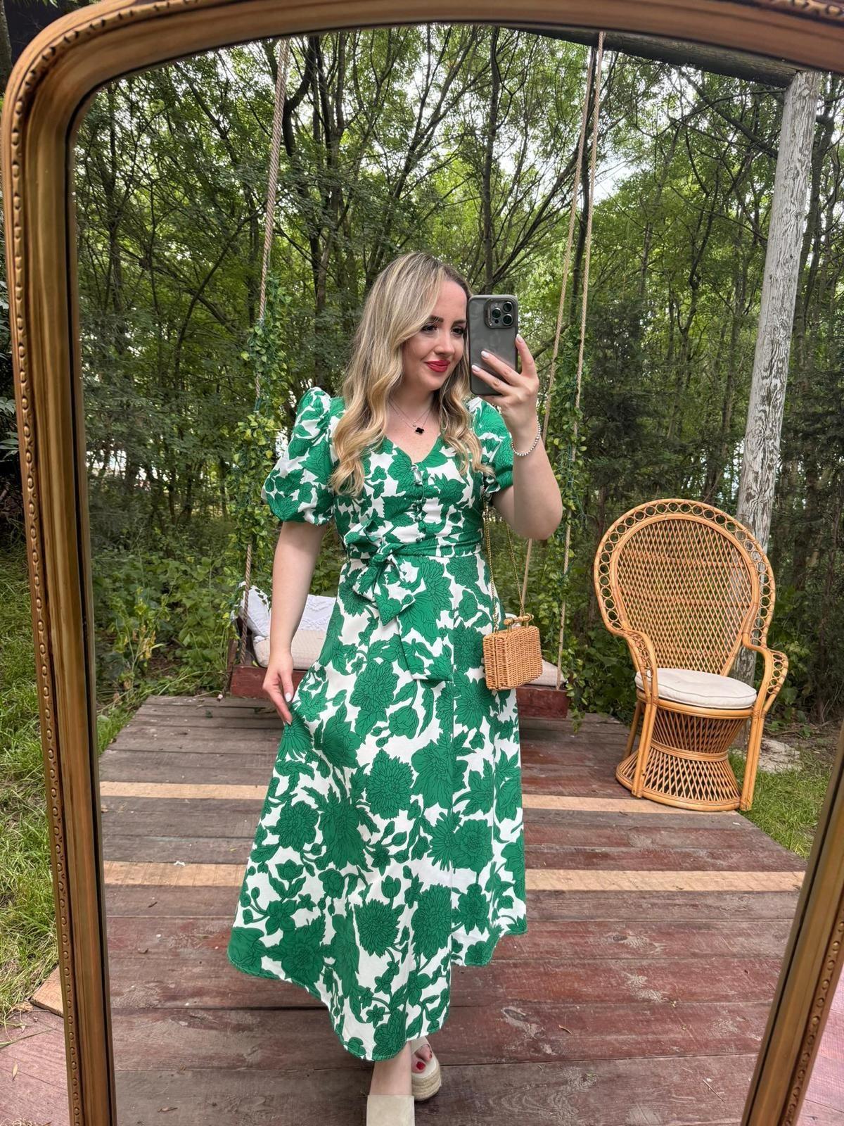 BALON KOL YEŞİL DESENLİ POPLİN ELBİSE