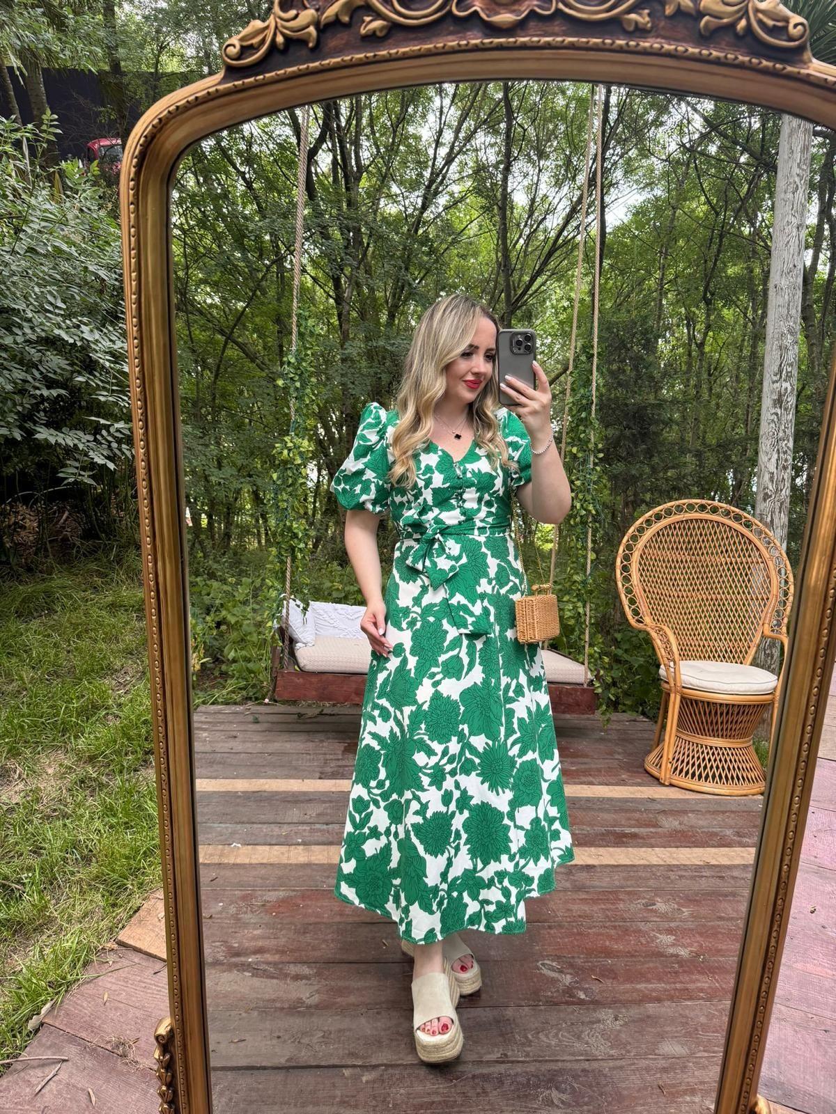 BALON KOL YEŞİL DESENLİ POPLİN ELBİSE