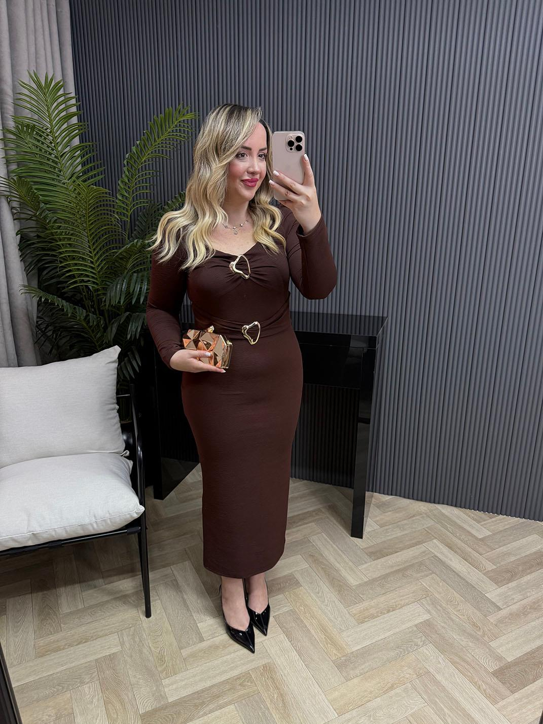 Barnes Gold Detaylı Orj Marka Model Elbise Kahverengi