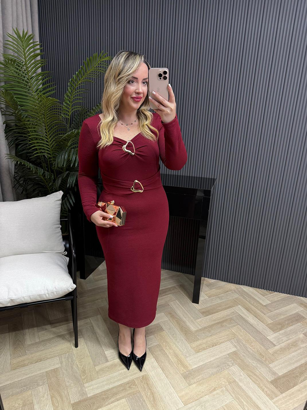 Barnes Gold Detaylı Orj Marka Model Elbise Bordo