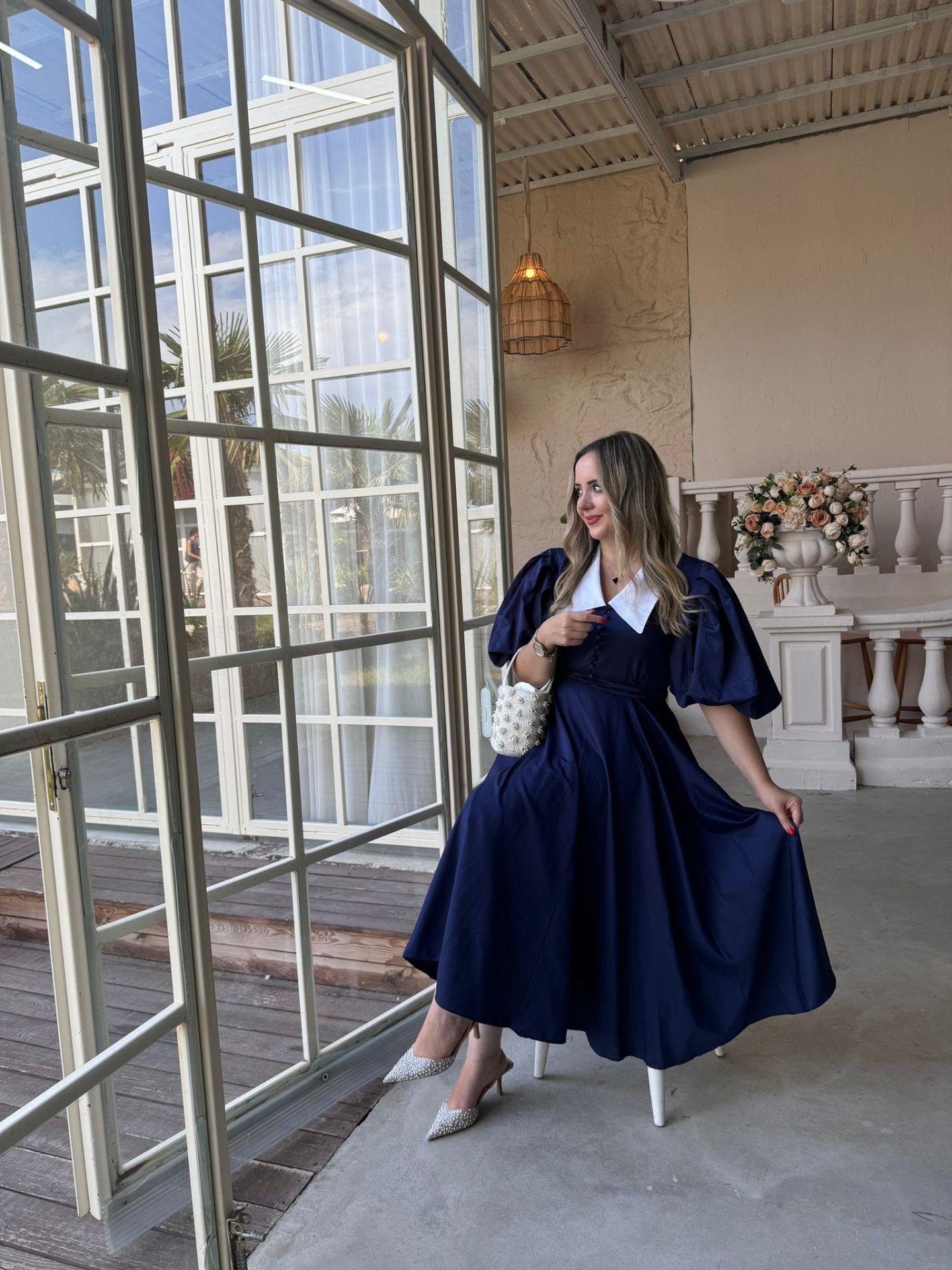 BEGONVİL BALON KOL TASARIM ELBİSE LACİVERT