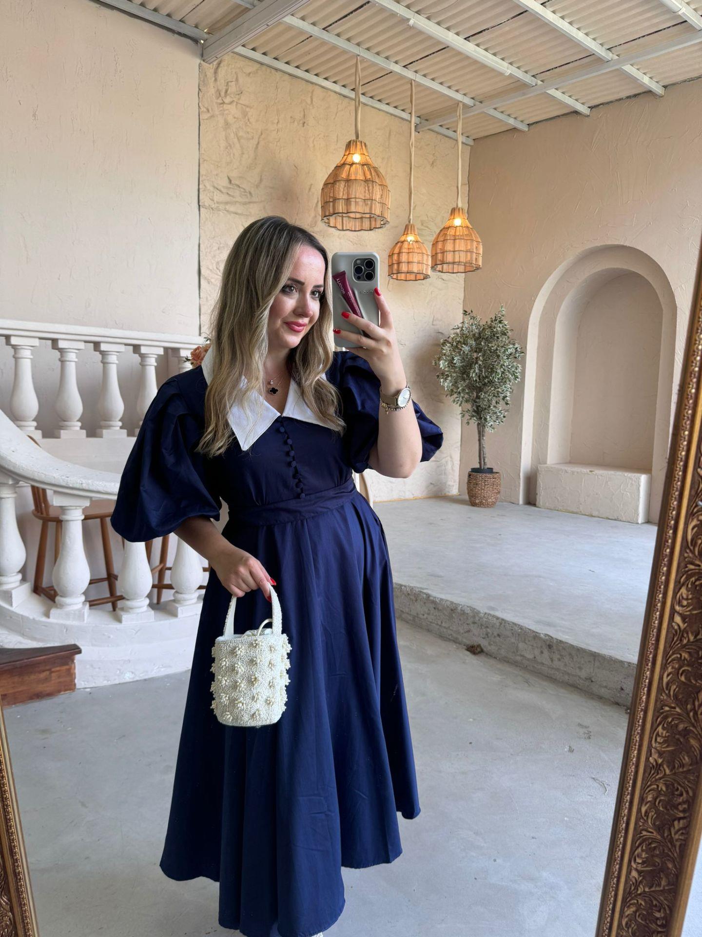 BEGONVİL BALON KOL TASARIM ELBİSE LACİVERT