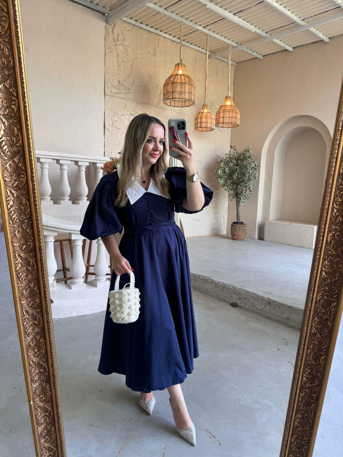 BEGONVİL BALON KOL TASARIM ELBİSE LACİVERT