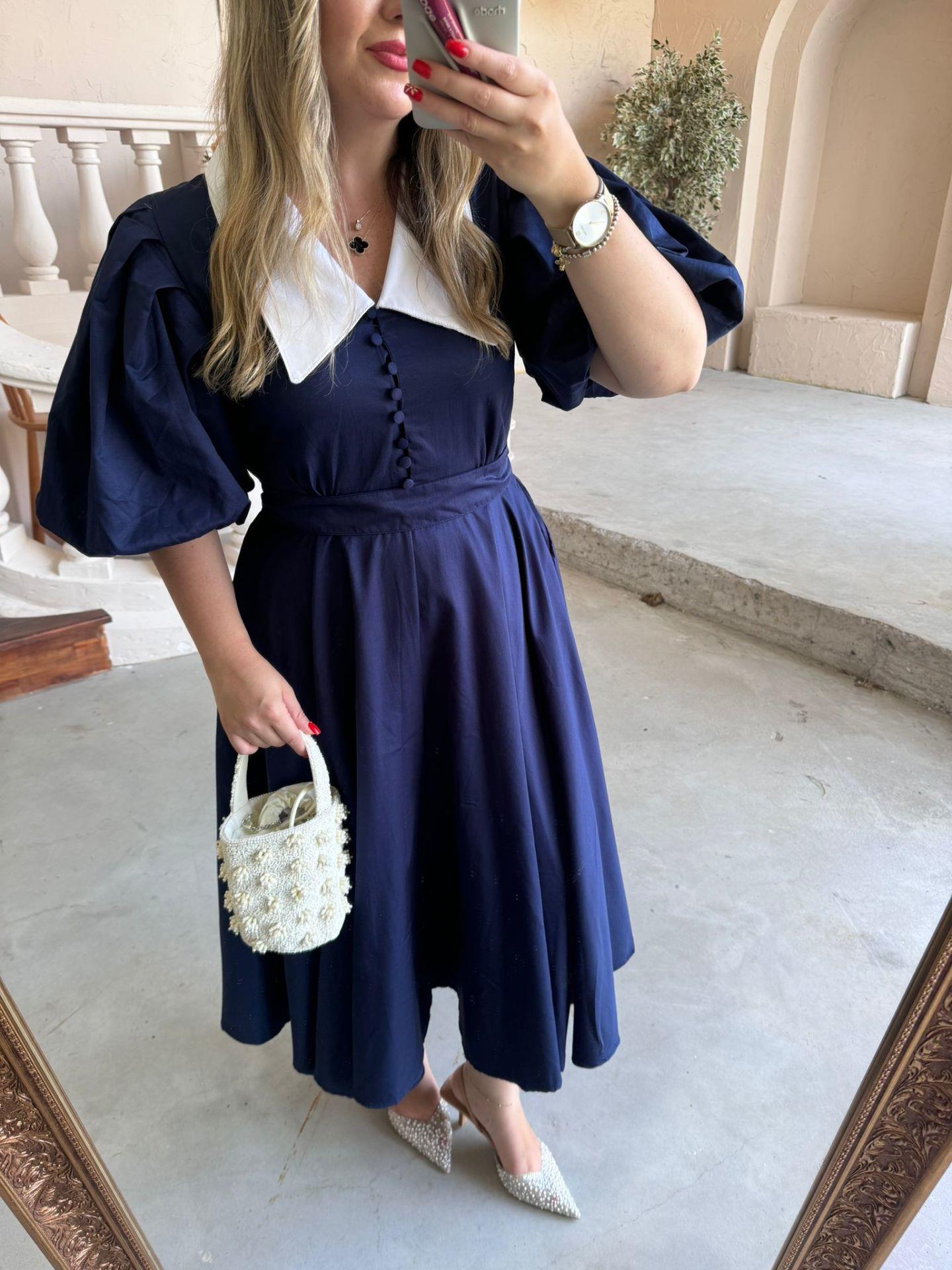 BEGONVİL BALON KOL TASARIM ELBİSE LACİVERT