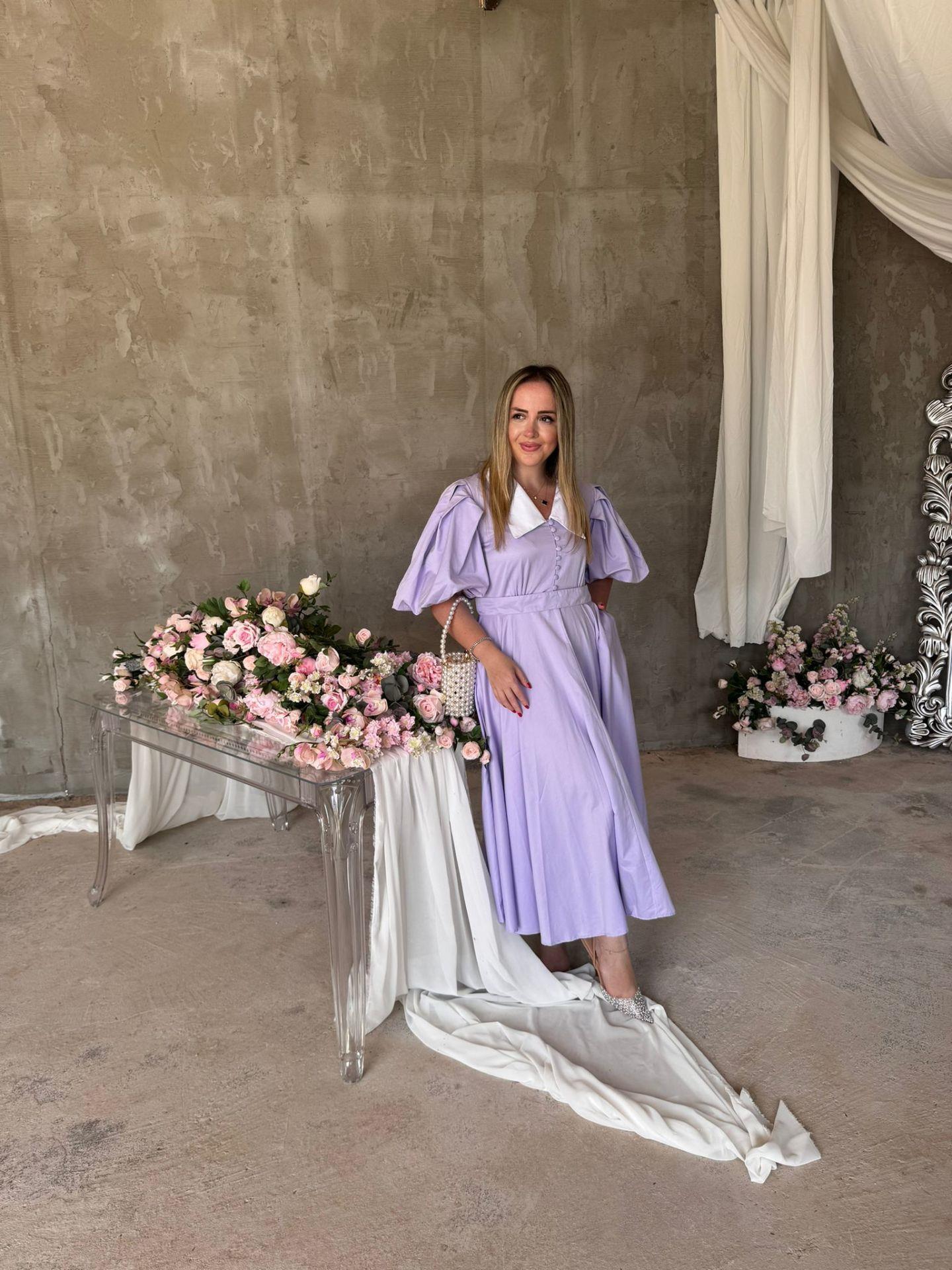 BEGONVİL BALON KOL TASARIM ELBİSE LİLA