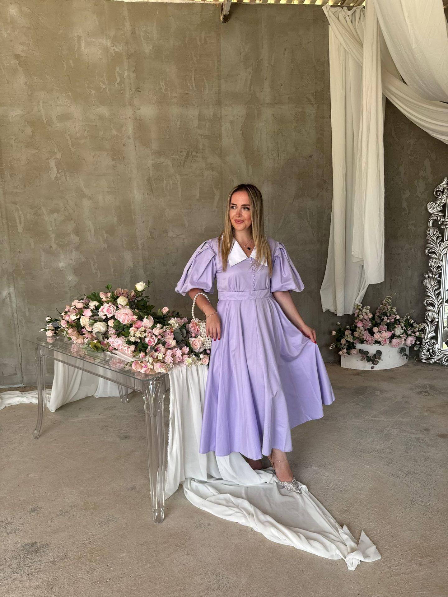 BEGONVİL BALON KOL TASARIM ELBİSE LİLA