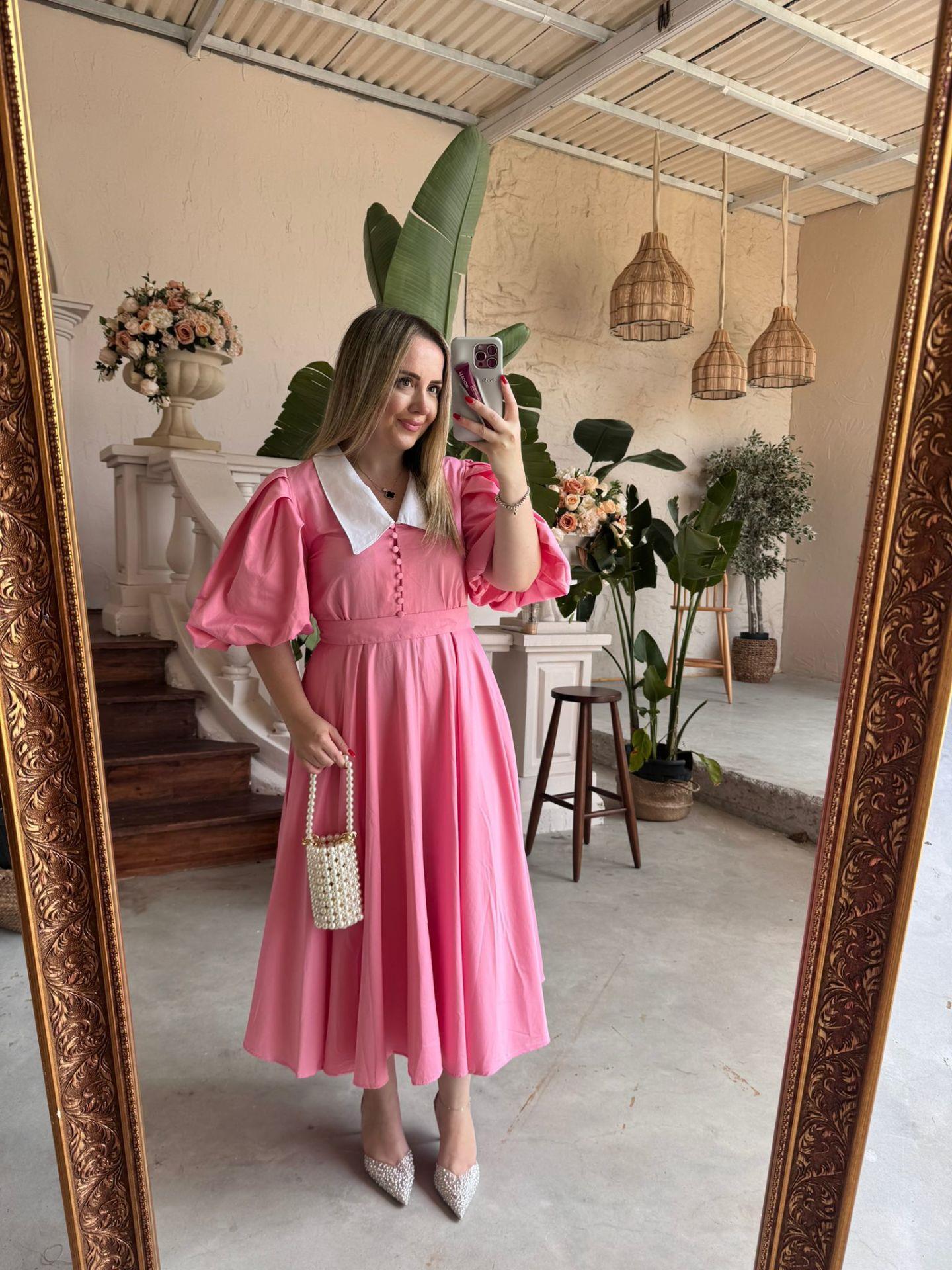 BEGONVİL BALON KOL TASARIM ELBİSE PEMBE