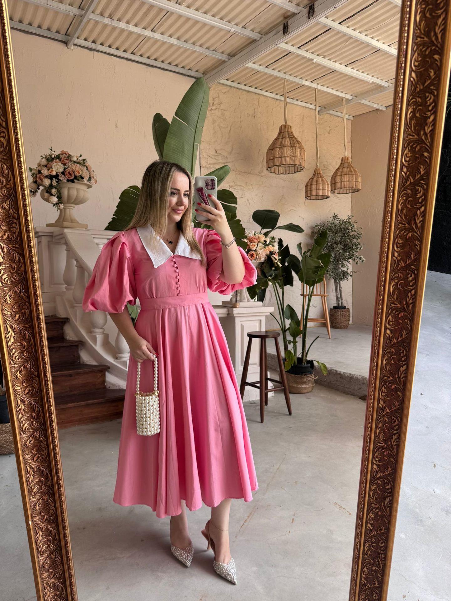 BEGONVİL BALON KOL TASARIM ELBİSE PEMBE