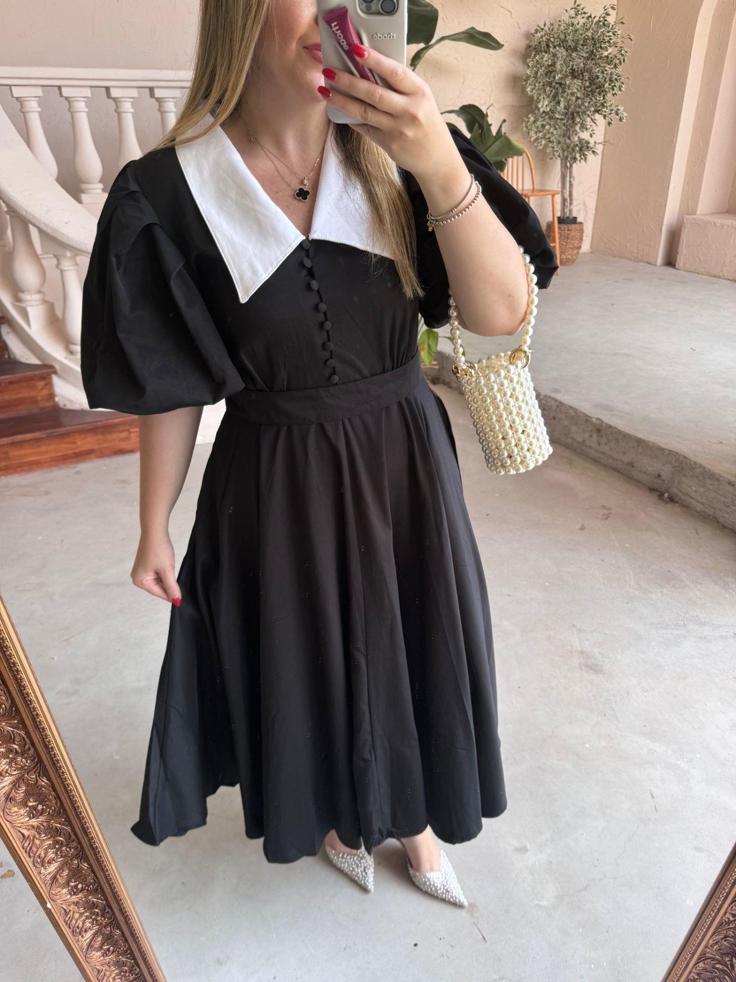 BEGONVİL BALON KOL TASARIM ELBİSE SİYA