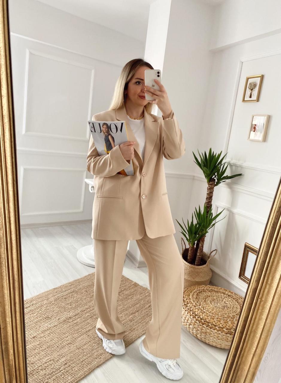 BEJ İKİ DÜĞMELİ BLAZER CEKETLİ PALAZZO TAKIM