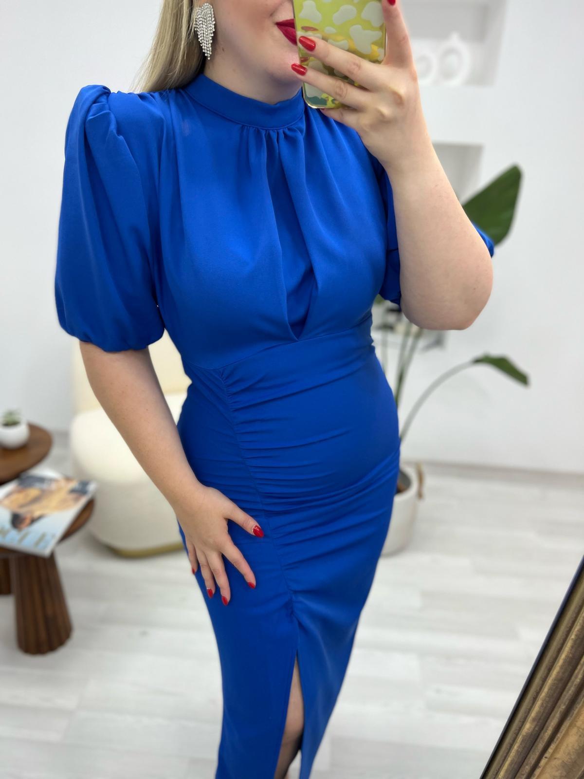 BEL DRAPELİ  KUMAŞ ELBİSE SAKS