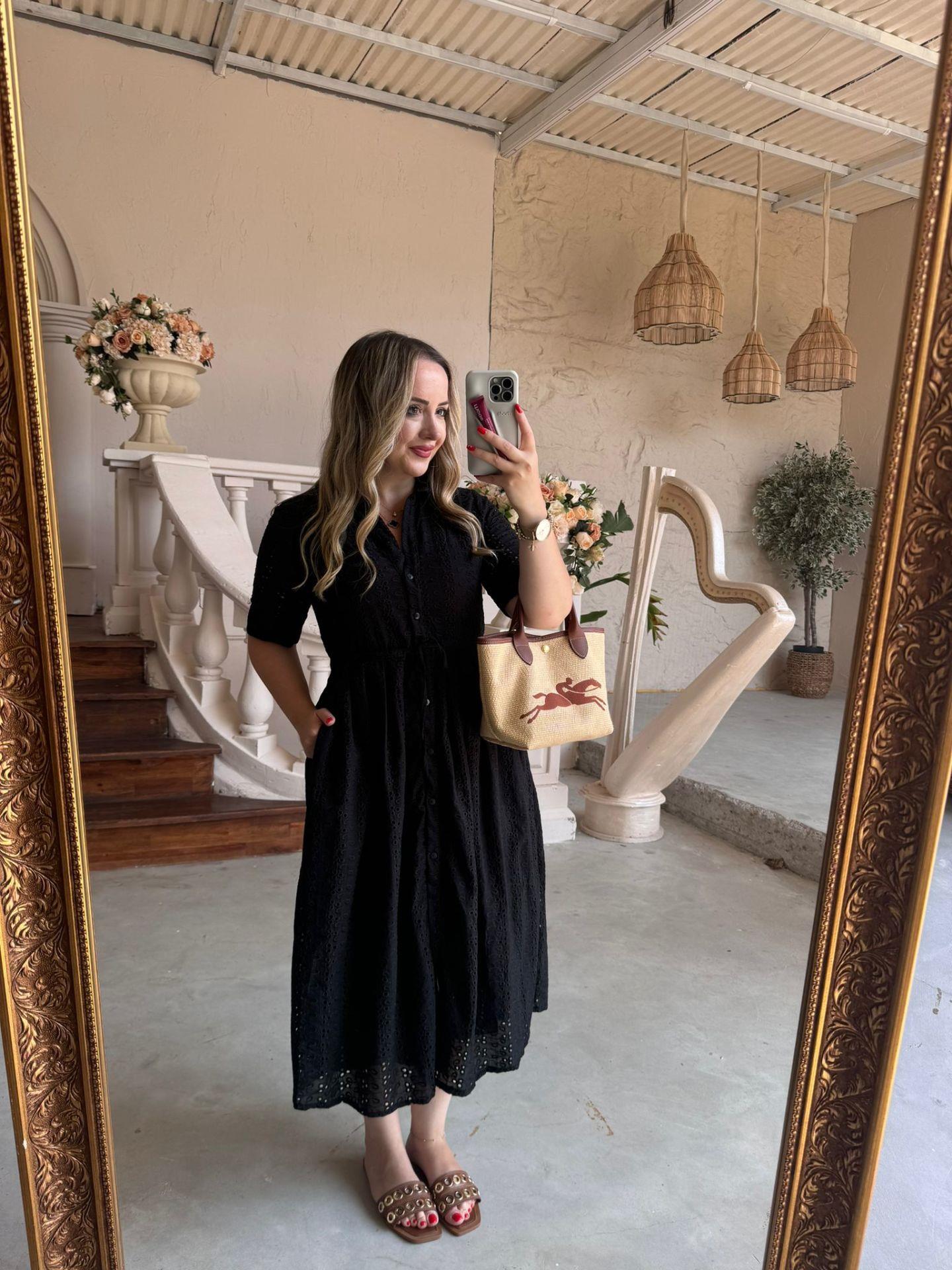 BELDEN BÜZGÜLÜ TASARIM FİSTO ELBİSE SİYAH