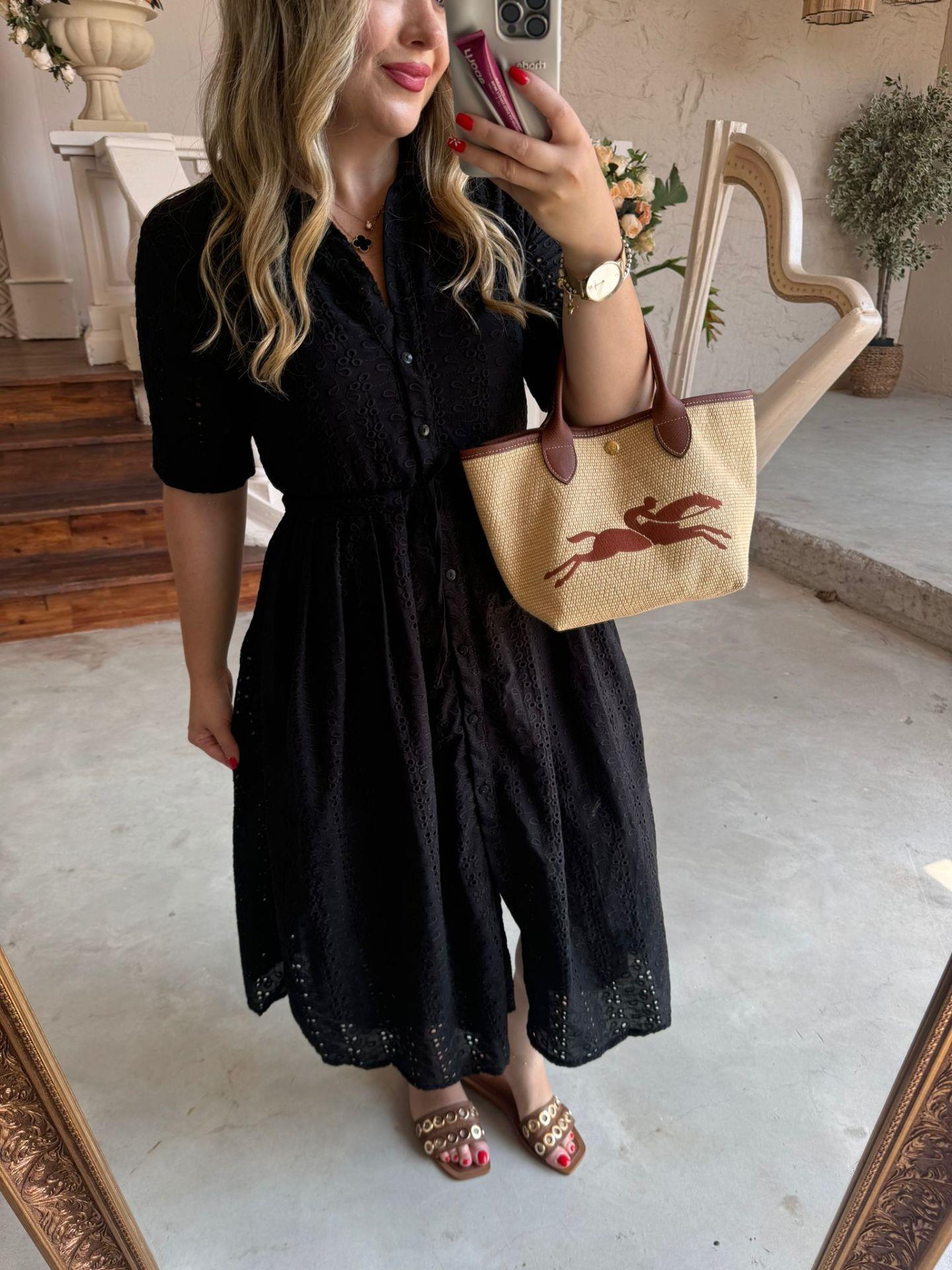 BELDEN BÜZGÜLÜ TASARIM FİSTO ELBİSE SİYAH