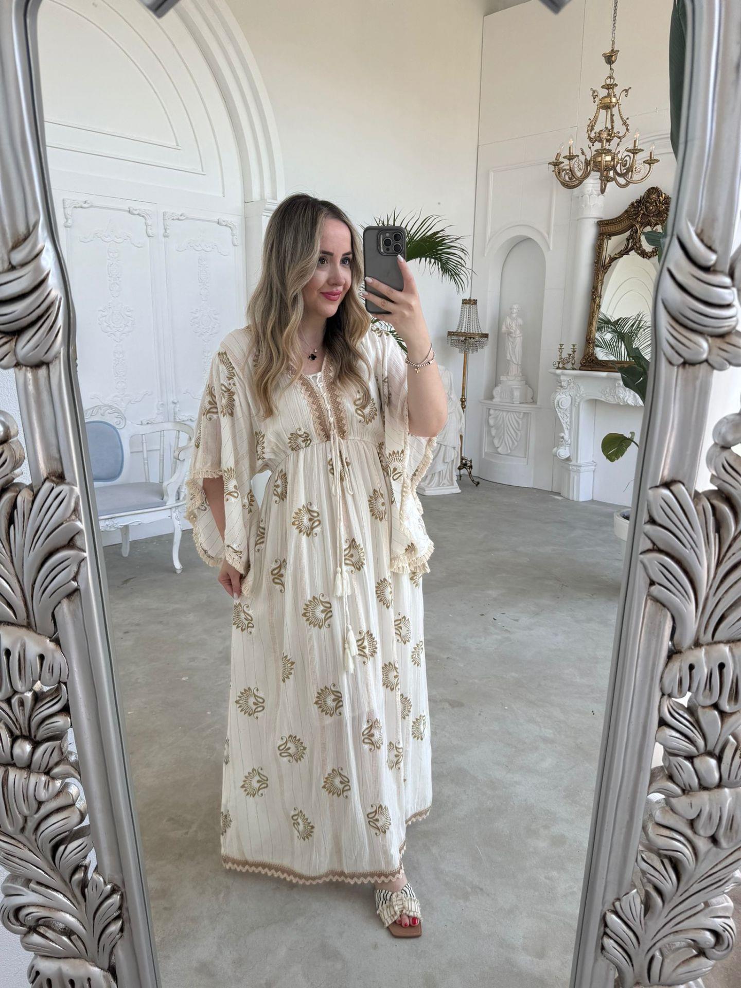 BELDEN LASTIKLI YARASA KOL PÜSKÜL DETAYLI İTHAL ELBİSE EKRU