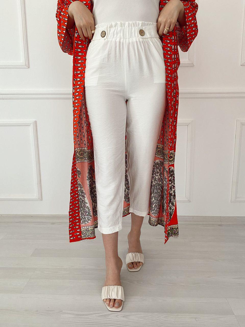 BELİ LASTİKLİ BEYAZ KETEN PANTOLON