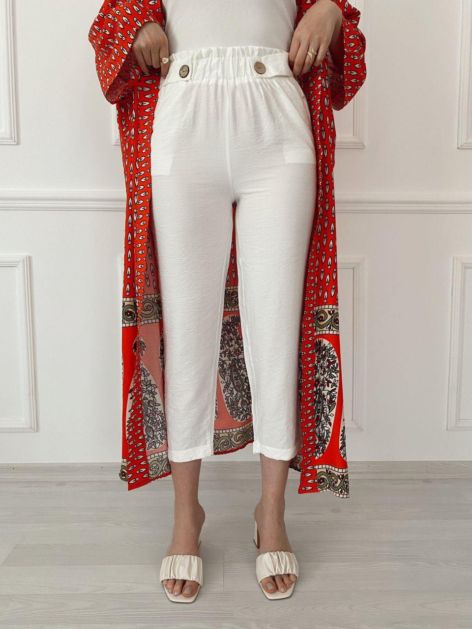 BELİ LASTİKLİ BEYAZ KETEN PANTOLON