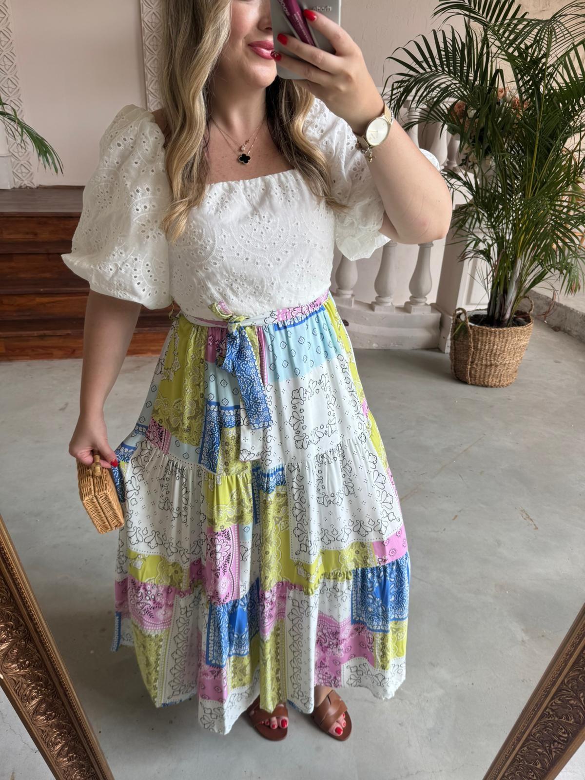 BELİNAY FİSTO BALON KOL DETAYLI ELBİSE MAVİ DESENLİ