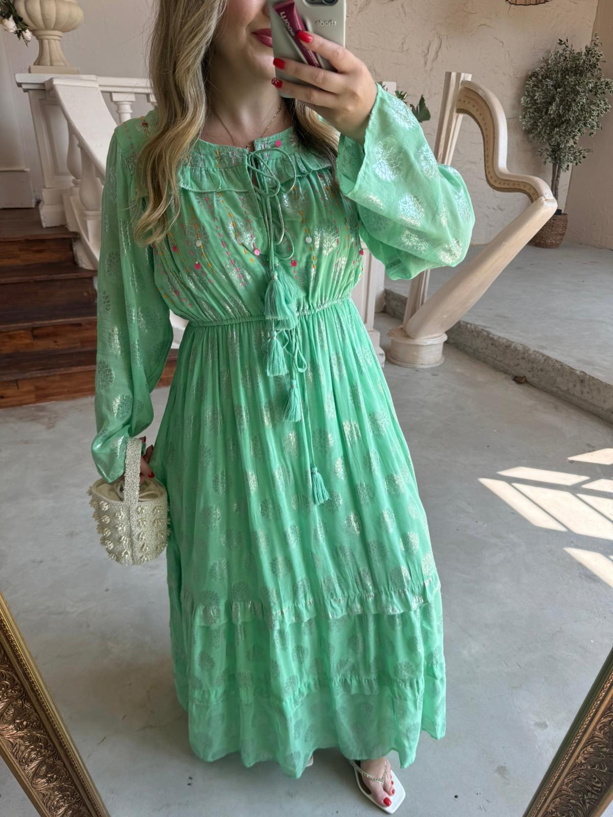 BELİS İTHAL ÖZEL TASARIM UZUN ELBİSE MİNT YEŞİL