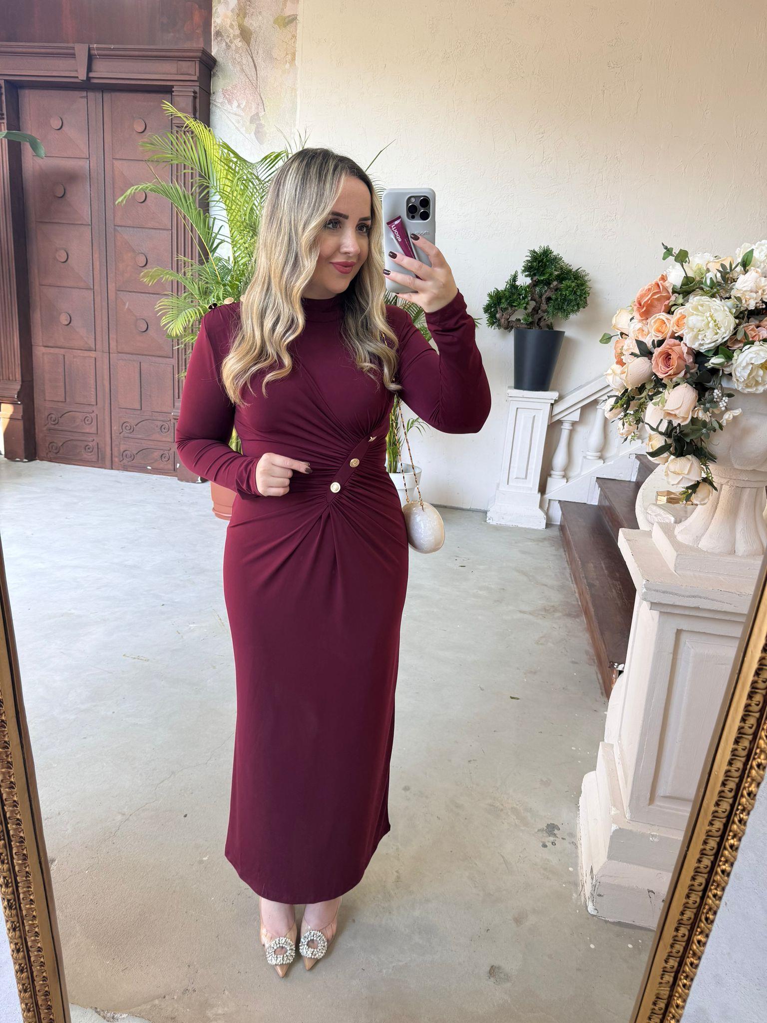 BELLY GOLD DÜĞME DETAYLI VATKALI TASARIM ELBİSE BORDO