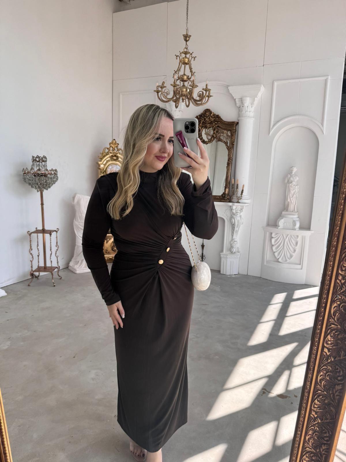 BELLY GOLD DÜĞME DETAYLI VATKALI TASARIM ELBİSE ACI KAHVE