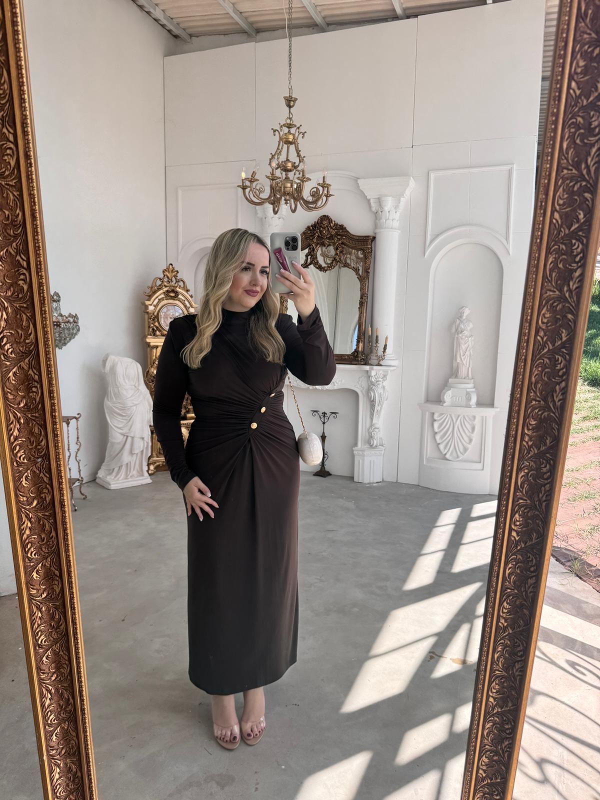 BELLY GOLD DÜĞME DETAYLI VATKALI TASARIM ELBİSE ACI KAHVE