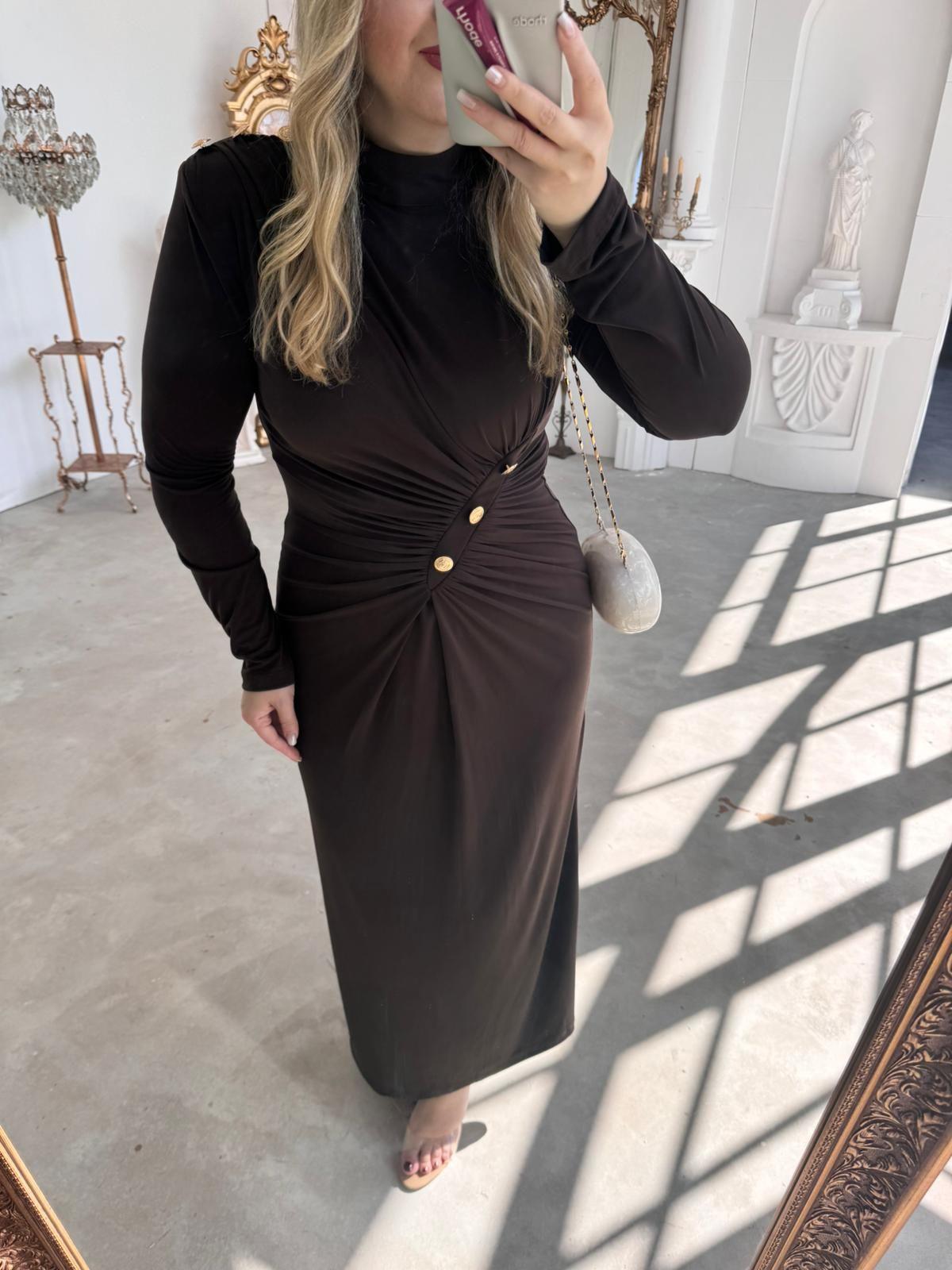 BELLY GOLD DÜĞME DETAYLI VATKALI TASARIM ELBİSE ACI KAHVE