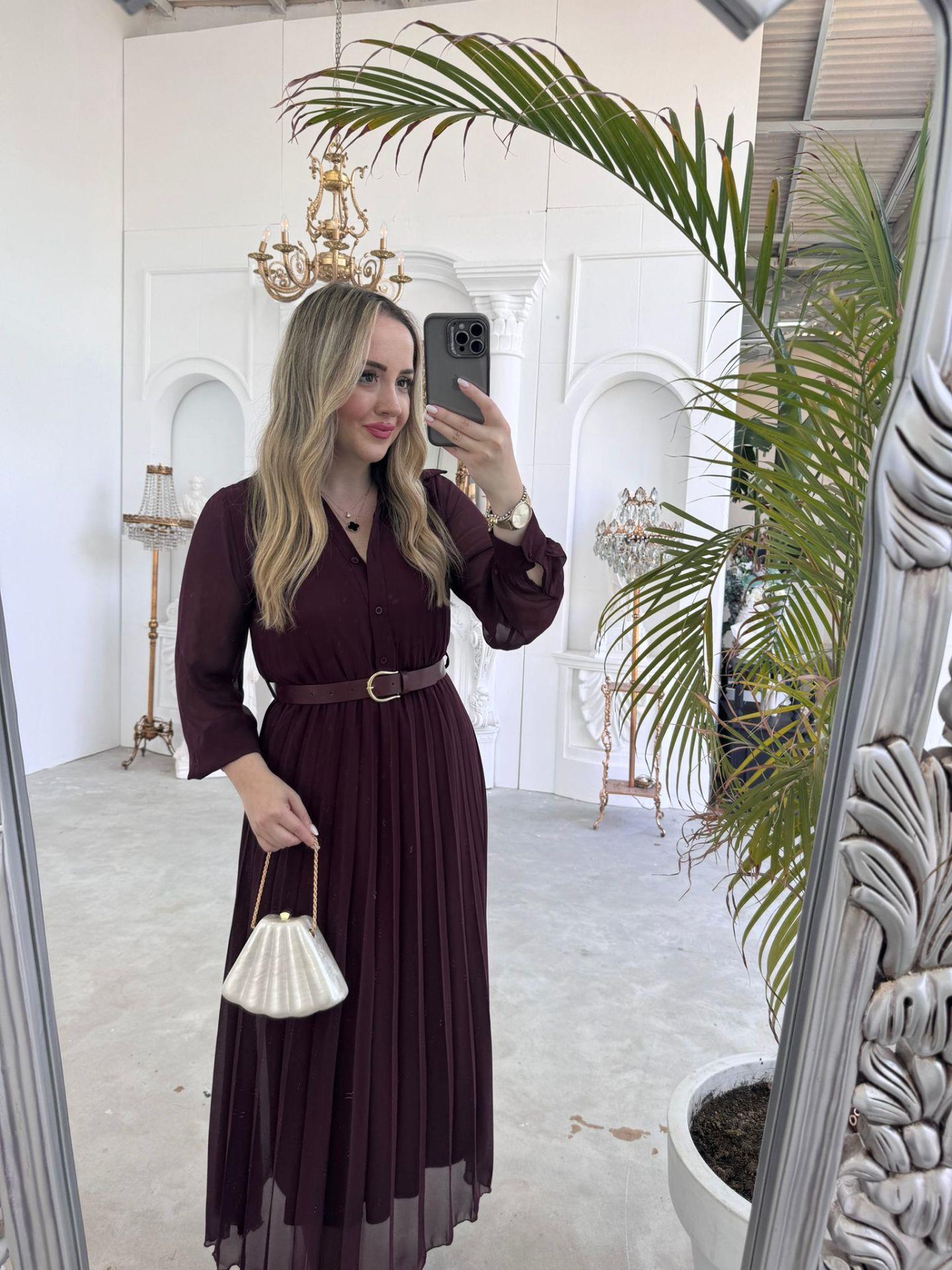 CARMEN PİLİSELİ KEMERLİ ŞİFON ELBİSE MÜRDÜM